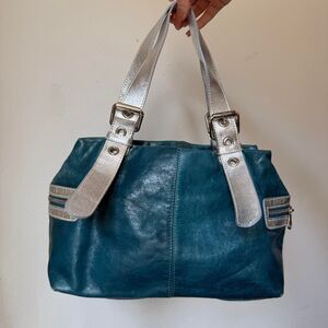Y2K Francesco Biasia Teal and Silver Leather Shoulder Bag